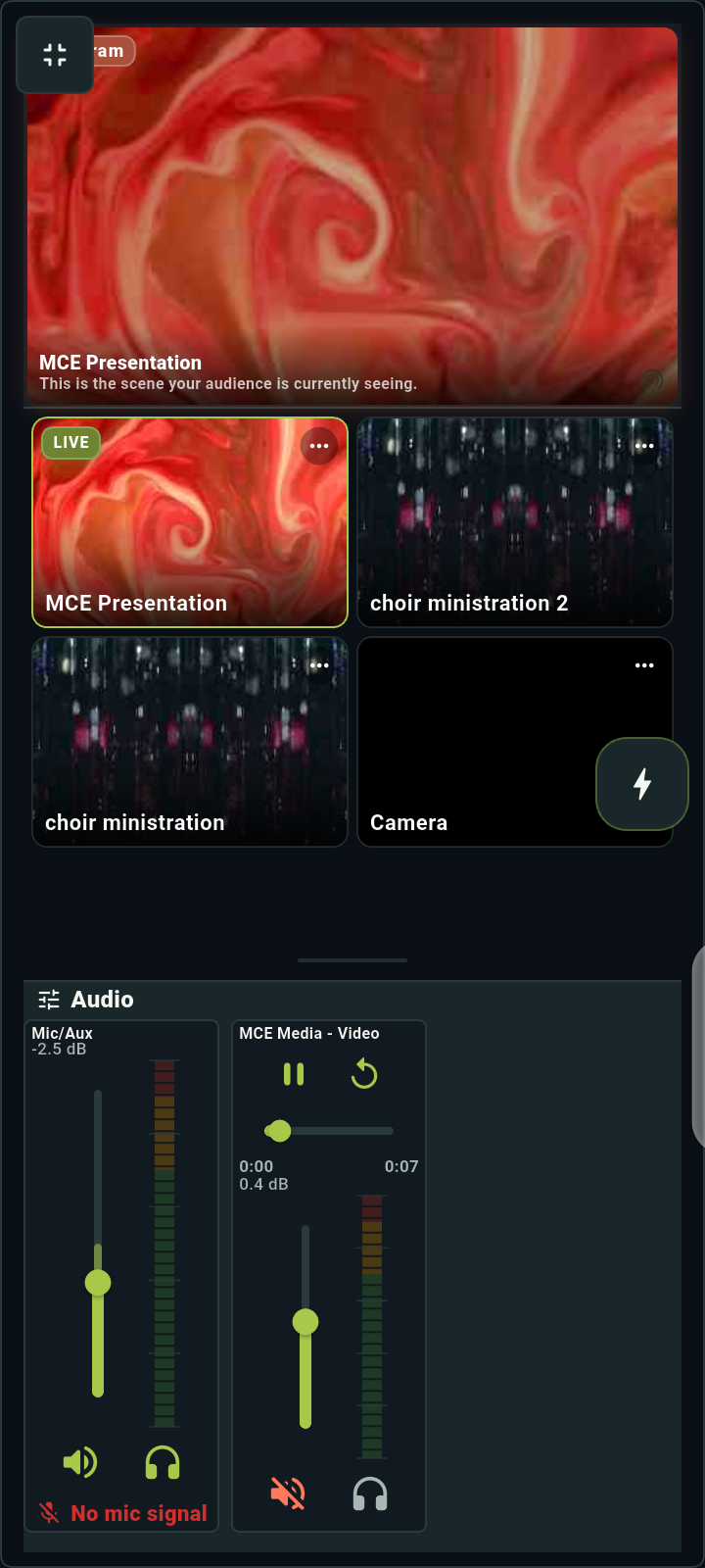 DeckPilot on a Tecno Android phone showing the live MCE Presentation scene, church scene tiles and audio faders