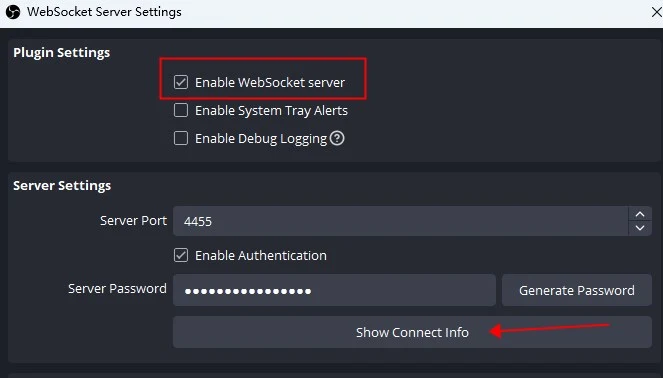 OBS WebSocket settings with the server enabled, port 4455, authentication checked and Show Connect Info