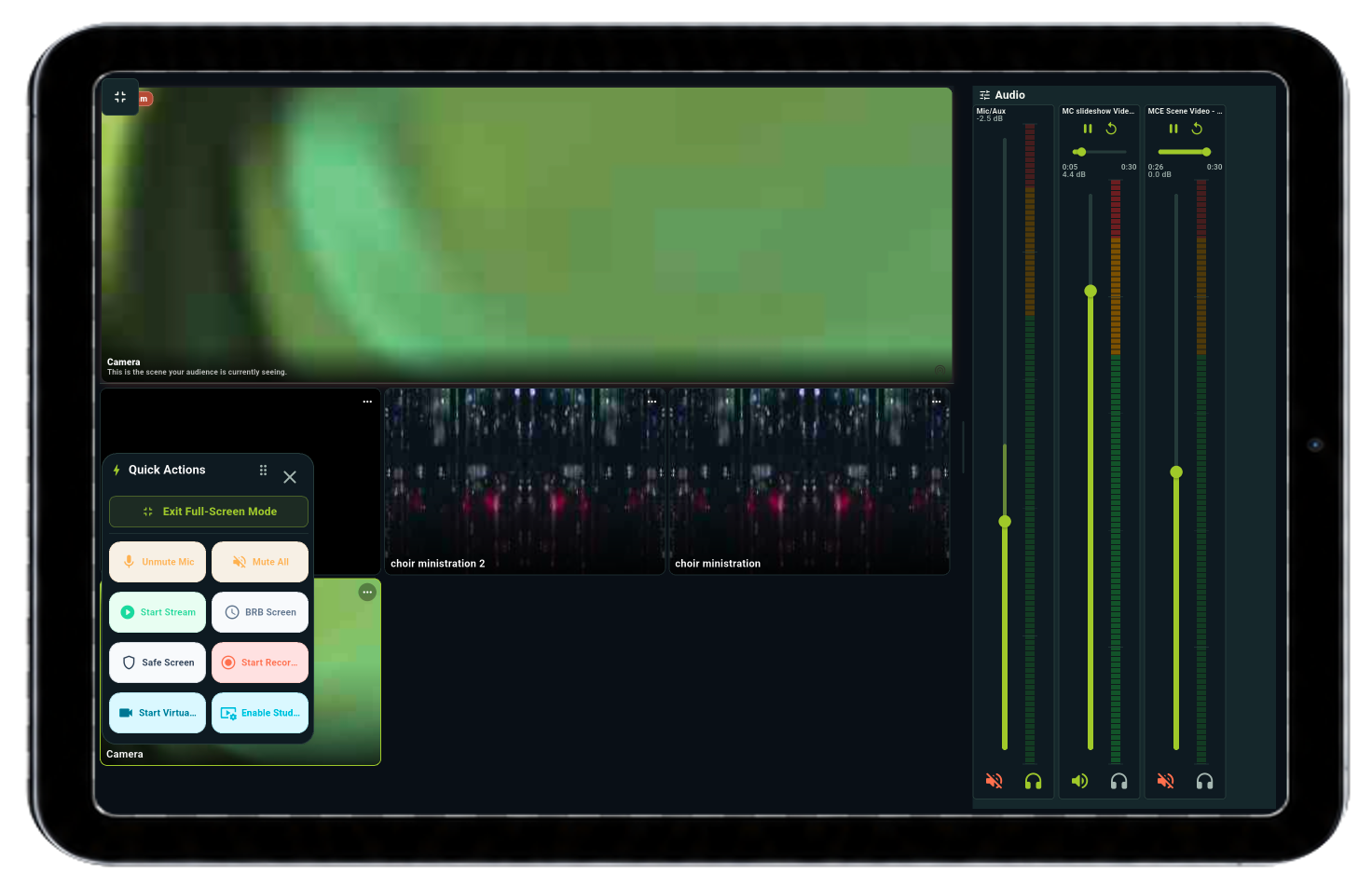 DeckPilot on a tablet with scenes, Quick Actions, and the audio mixer